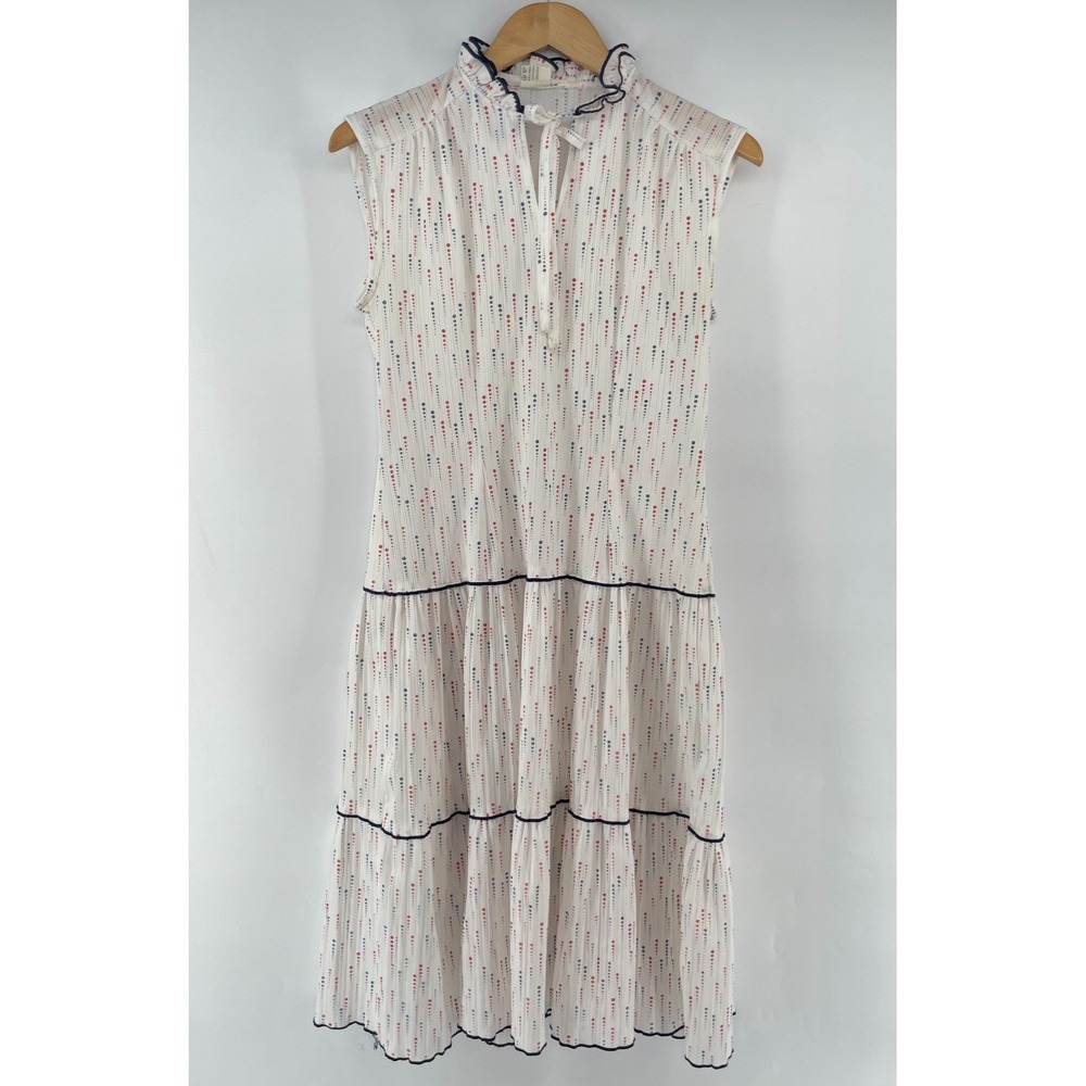 Vintage Dress Small Tiered Drop Waist Ruffle Bow Americana Cottage Nautical
